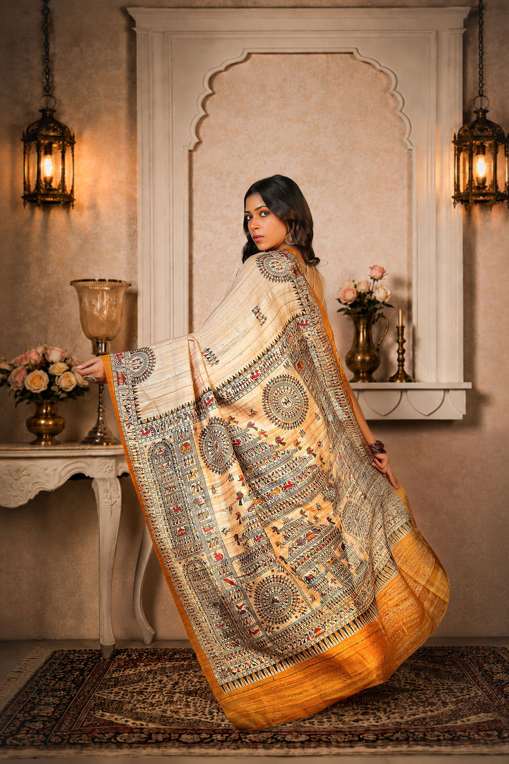Beige with Mustard Yellow color, 100% pure Tussar Silk, Worli Print Saree