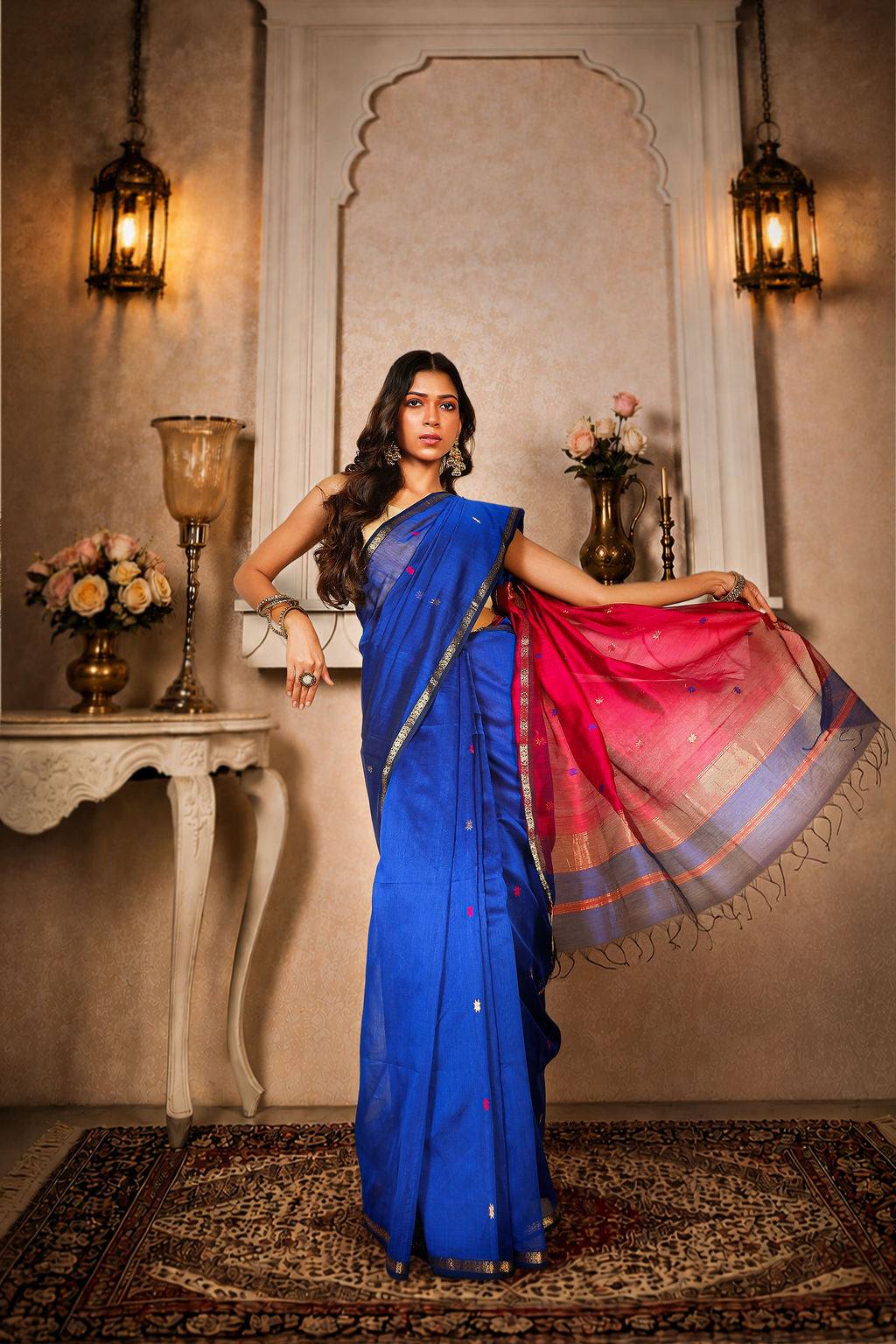 Small zari border, star booti saree, cotton silk, color-Royal blue/Magenta