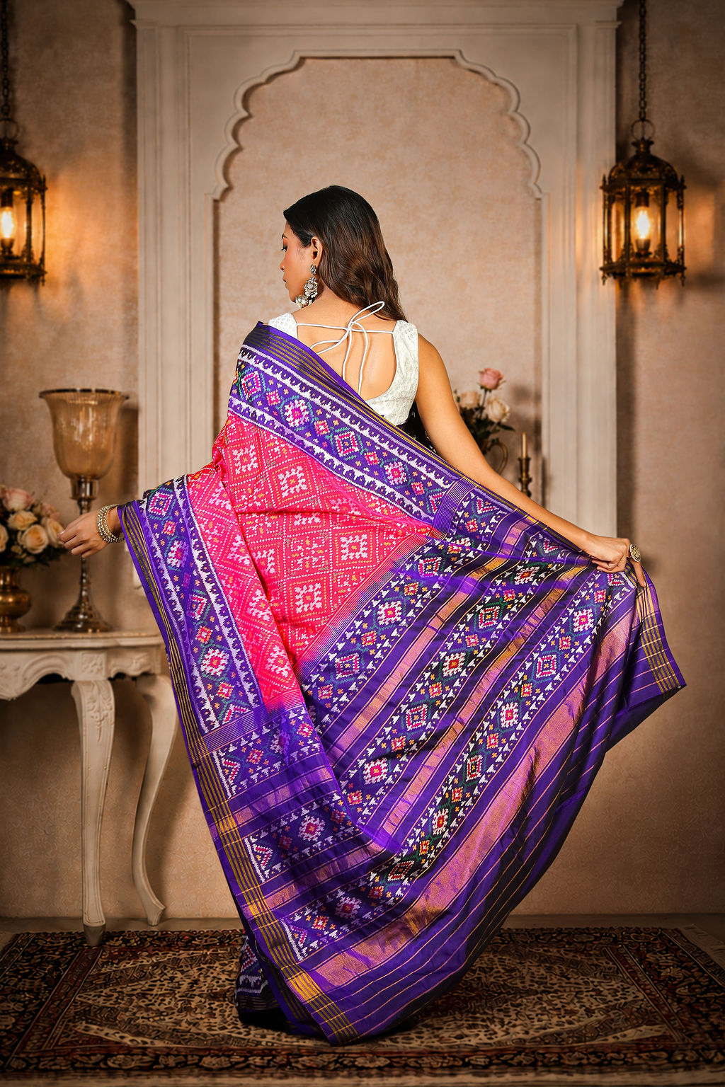 chanda baad Patola Saree, Mulberry Silk, Color-Pink with Blue Aanchal