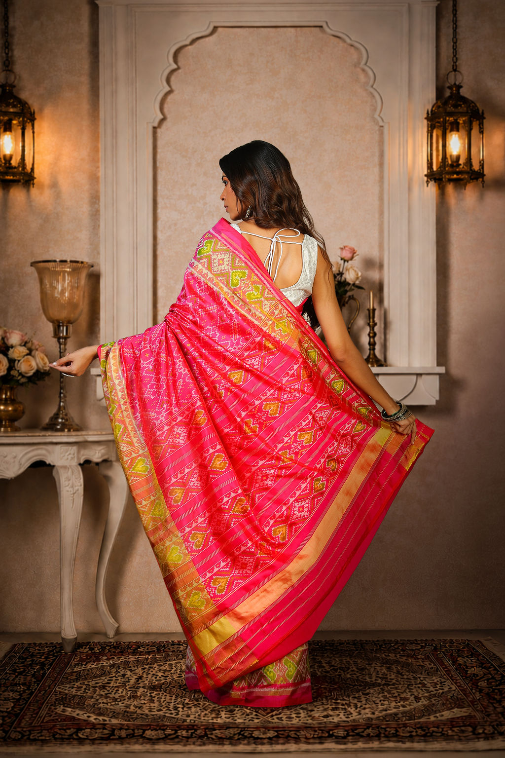 Manekchauk Patola Saree, Mulberry Silk, Color-Dark Pink