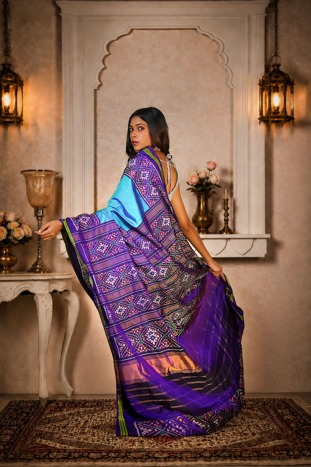 Plain Gada Border Patola Saree, Mulberry Silk, Color-Blue/Purple
