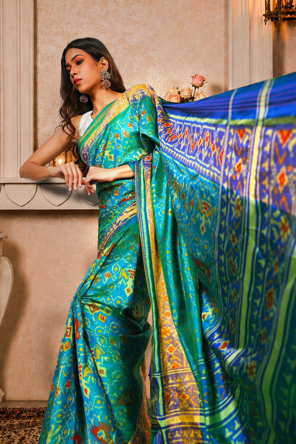 Navratna Patola Saree, Mulberry Silk, Color-Turquoise