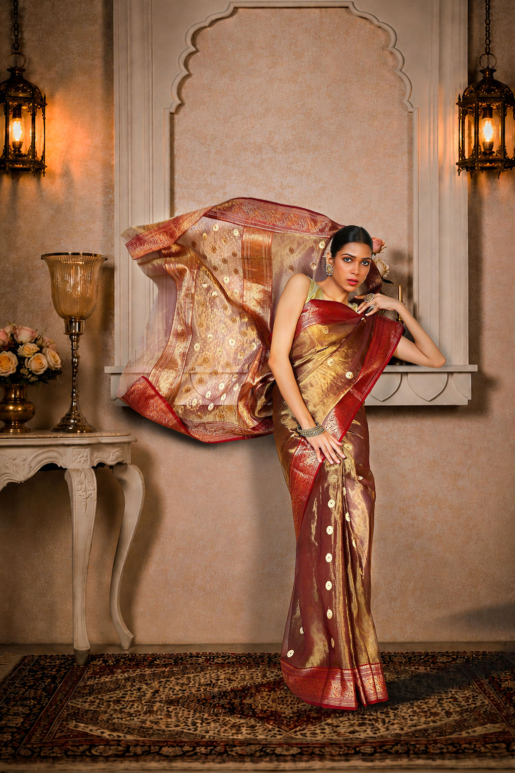 Coffee/Maroon color saree with golden zari oval booti allover, Organza Silk
