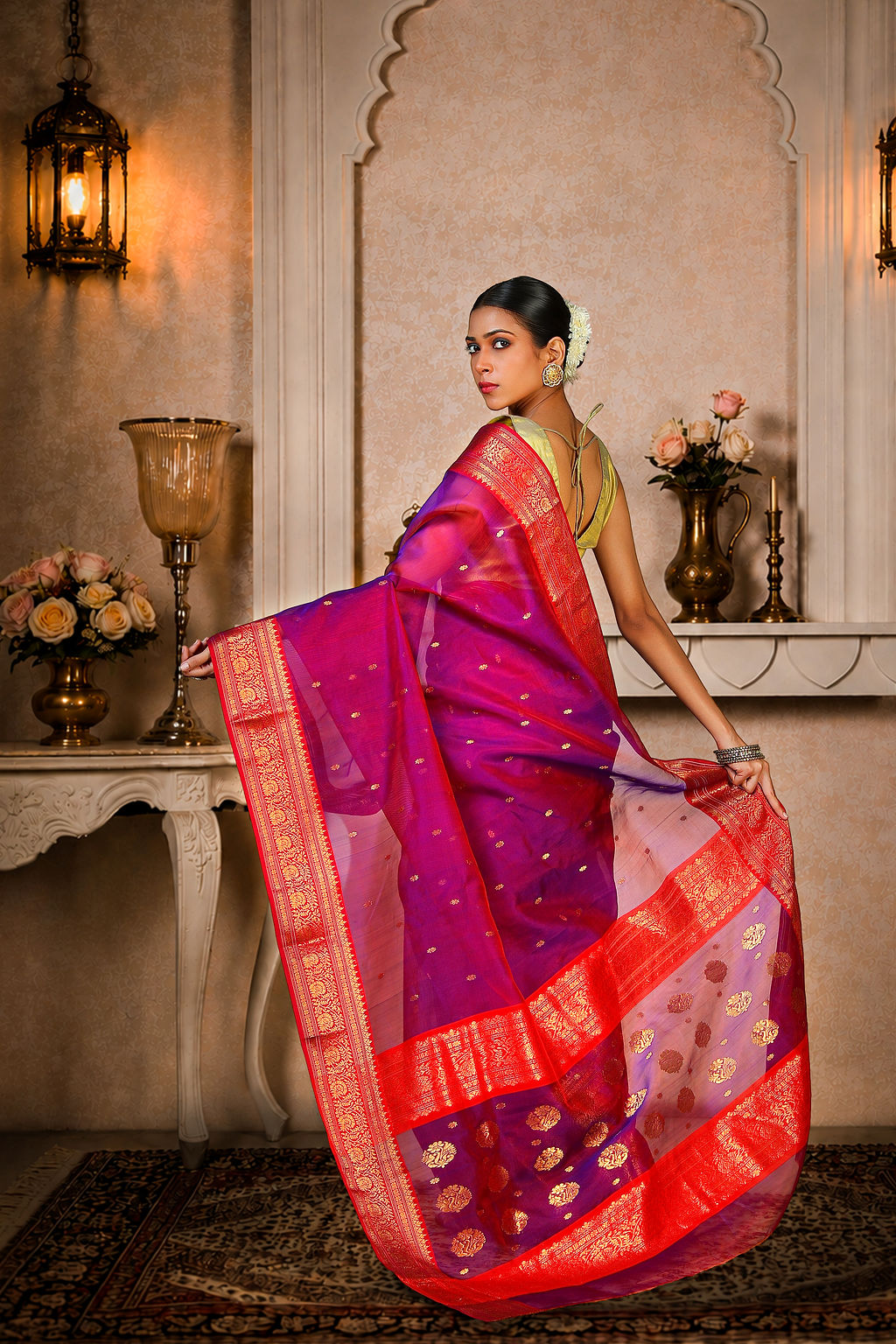 Purple/Maroon Saree with all over golden zari work on aanchal & border, Pattu Silk
