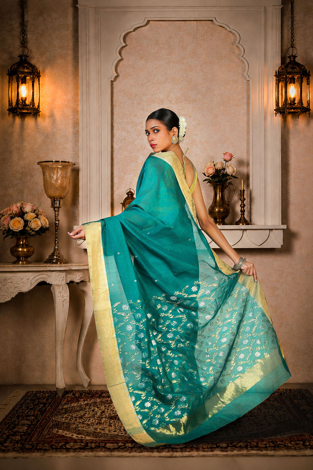 Teal color Chanderi Saree with golden and silver zari work, Cotton/Silk, color-Teal/Golden