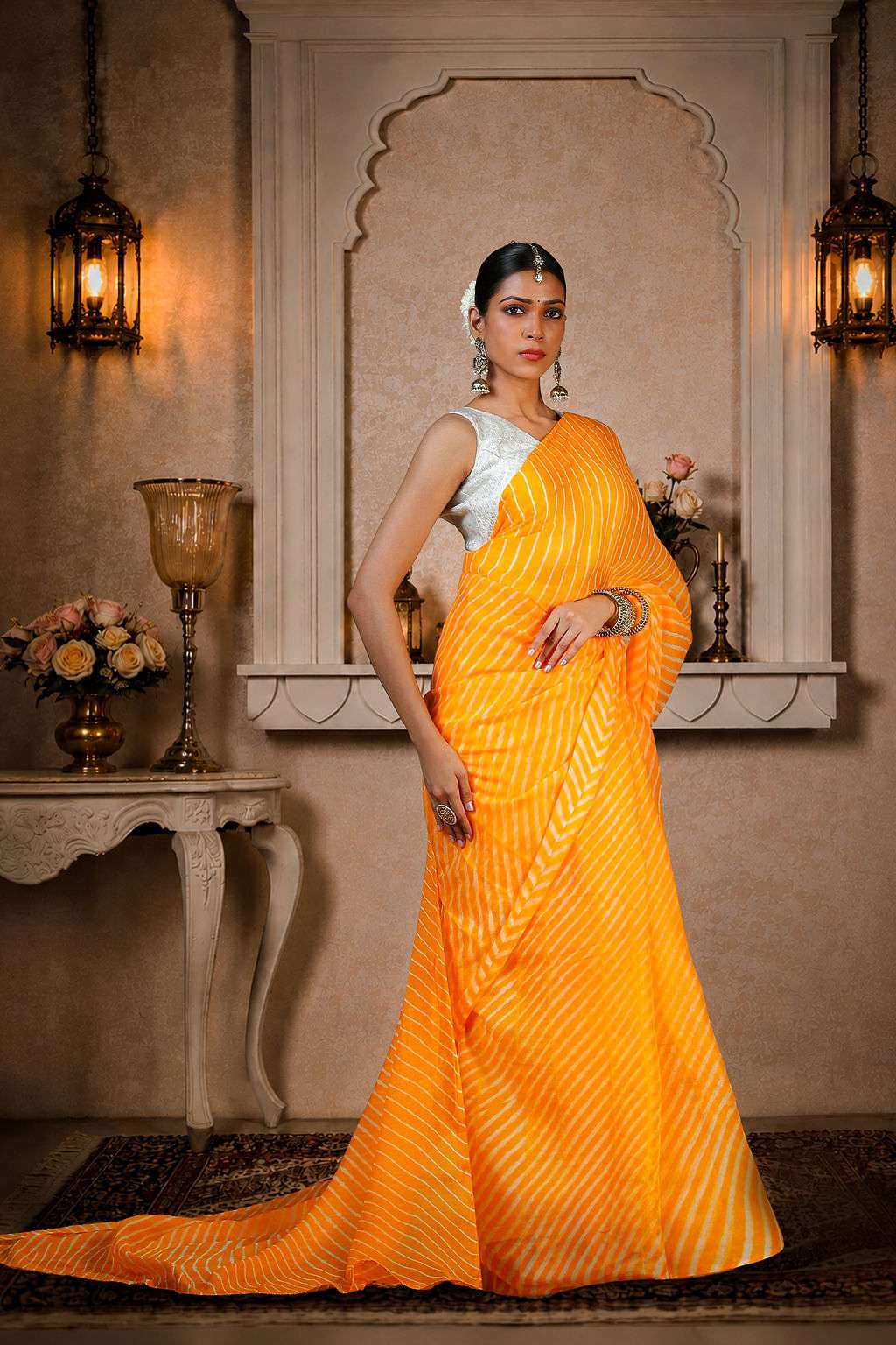 Pure Chinon Lehariya Saree, Mothra Design, Double Lehariya, Color-Orange