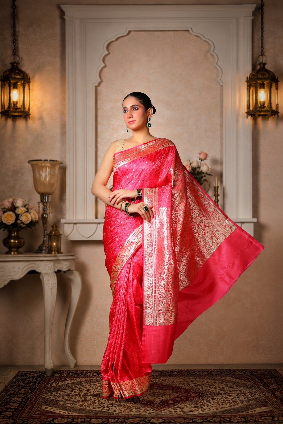 Pure Silk Banarasi Saree, Royal Pink with Golden Border & Aanchal