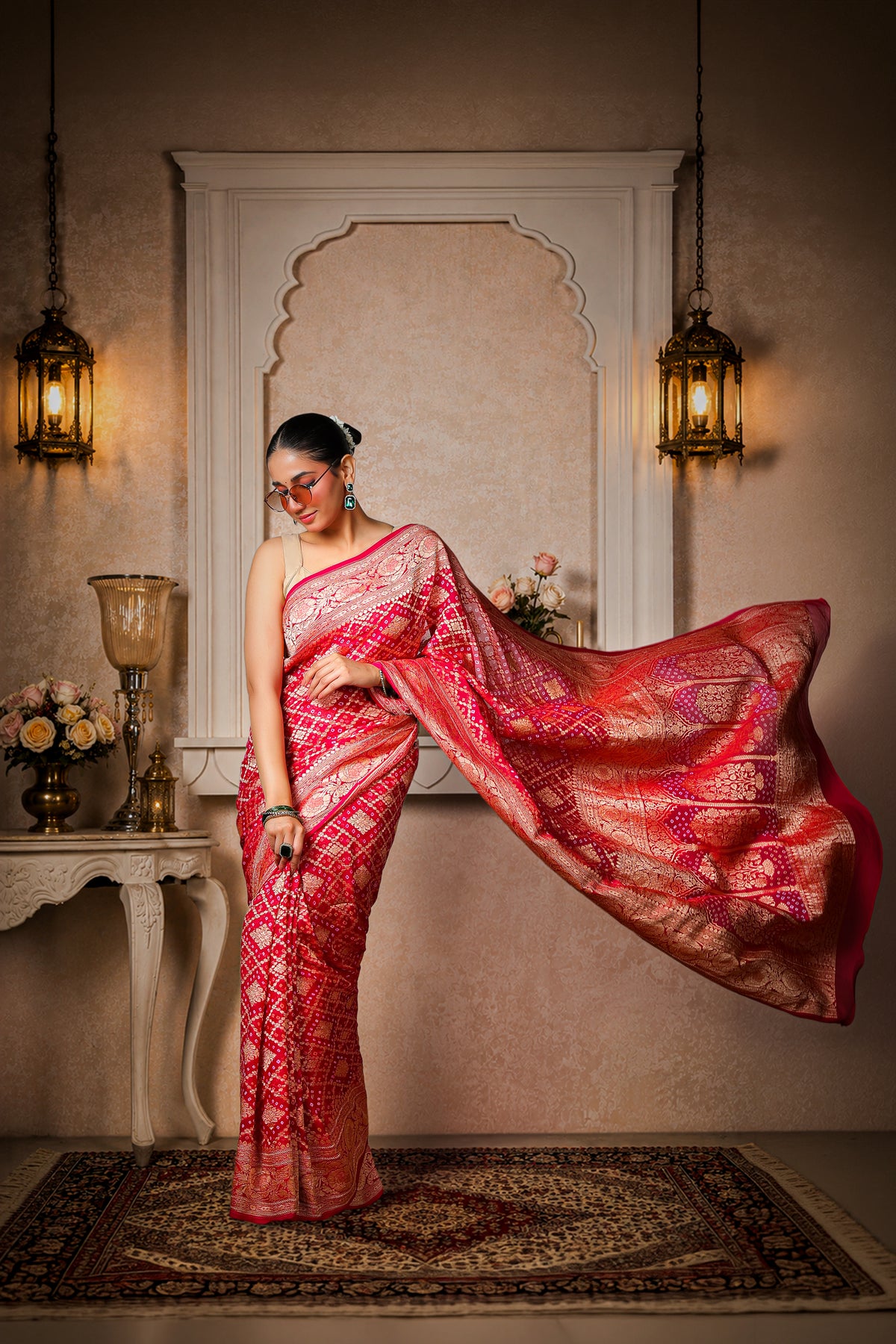 Pure Handwoven Silk Georgette, Rai Bandhani Saree, Magenta