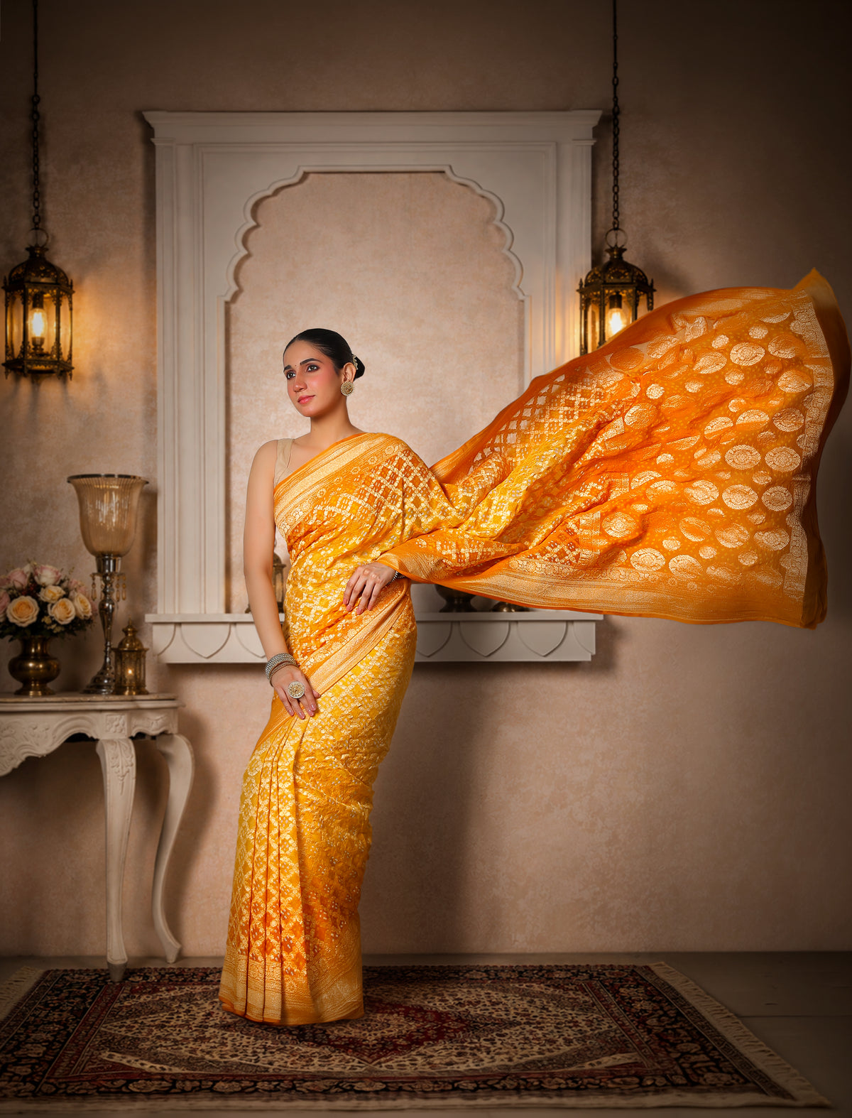 Pure Handwoven Silk Georgette, Rai Bandhani Saree, Golden Yellow