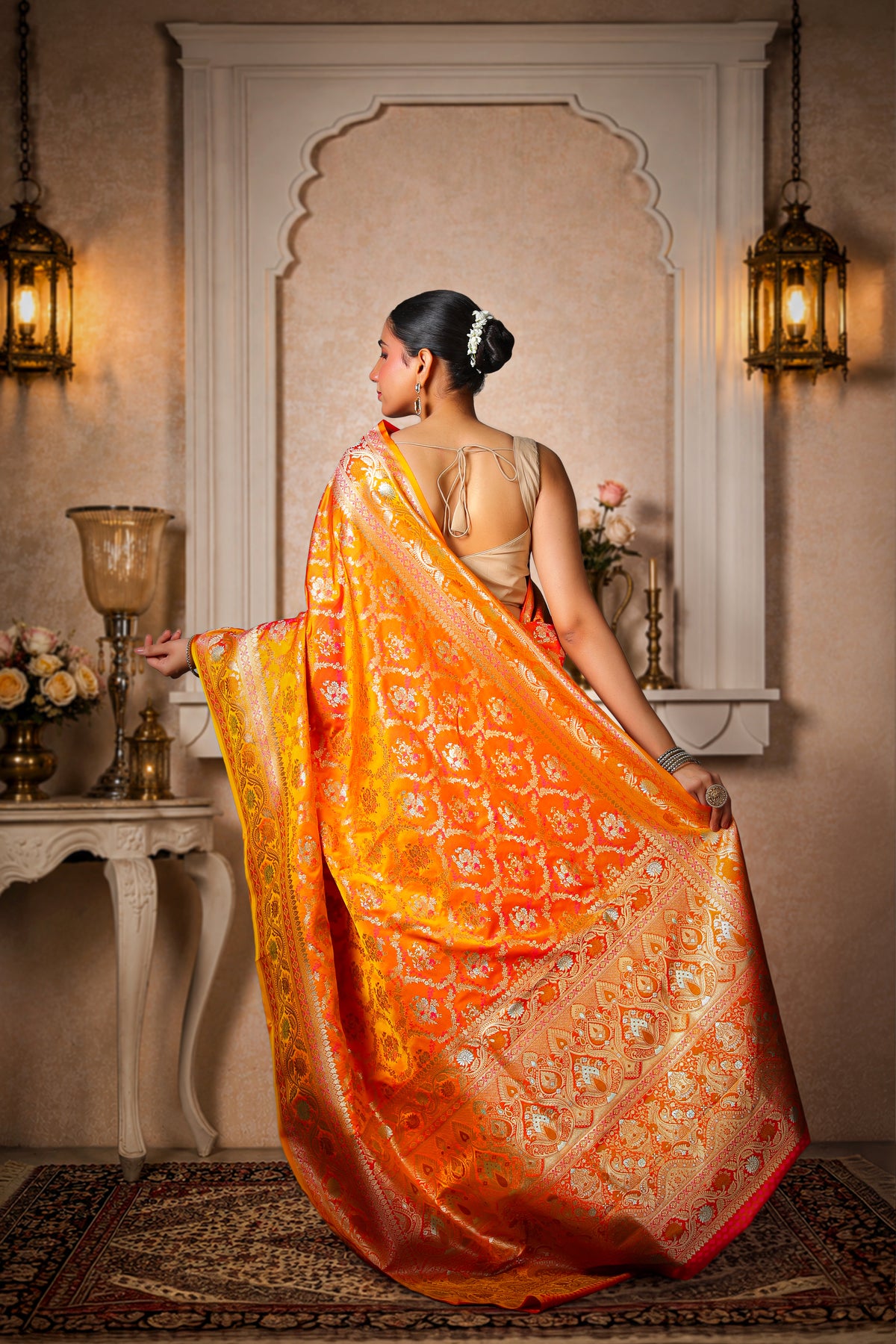 Pure Silk Kinkhwab Banarasi Saree – Orange Yellow with Gold Border