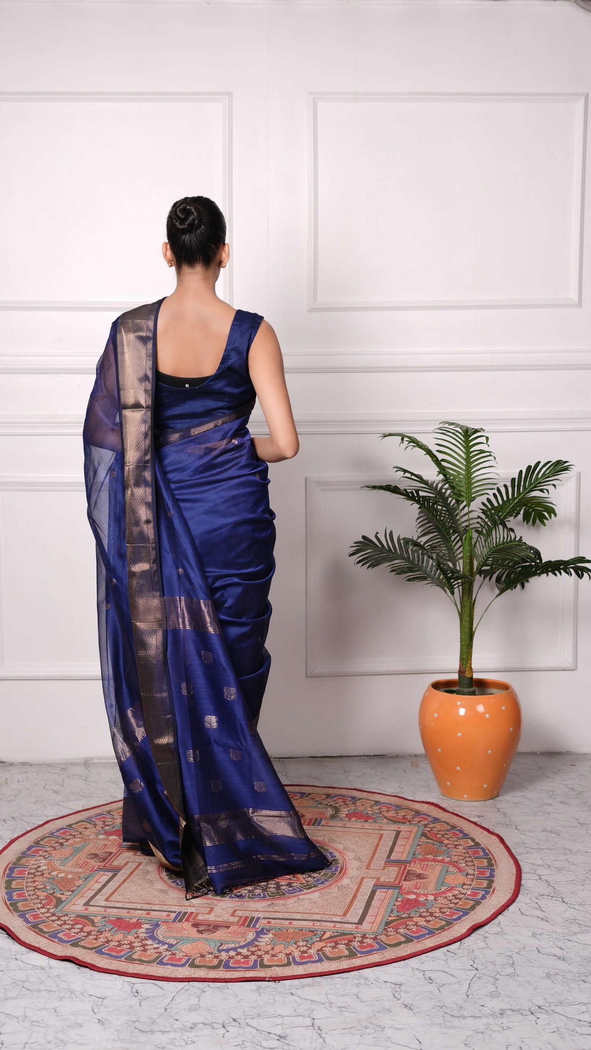 Golden zari, lotus booti saree, cotton silk, color-Royal Blue