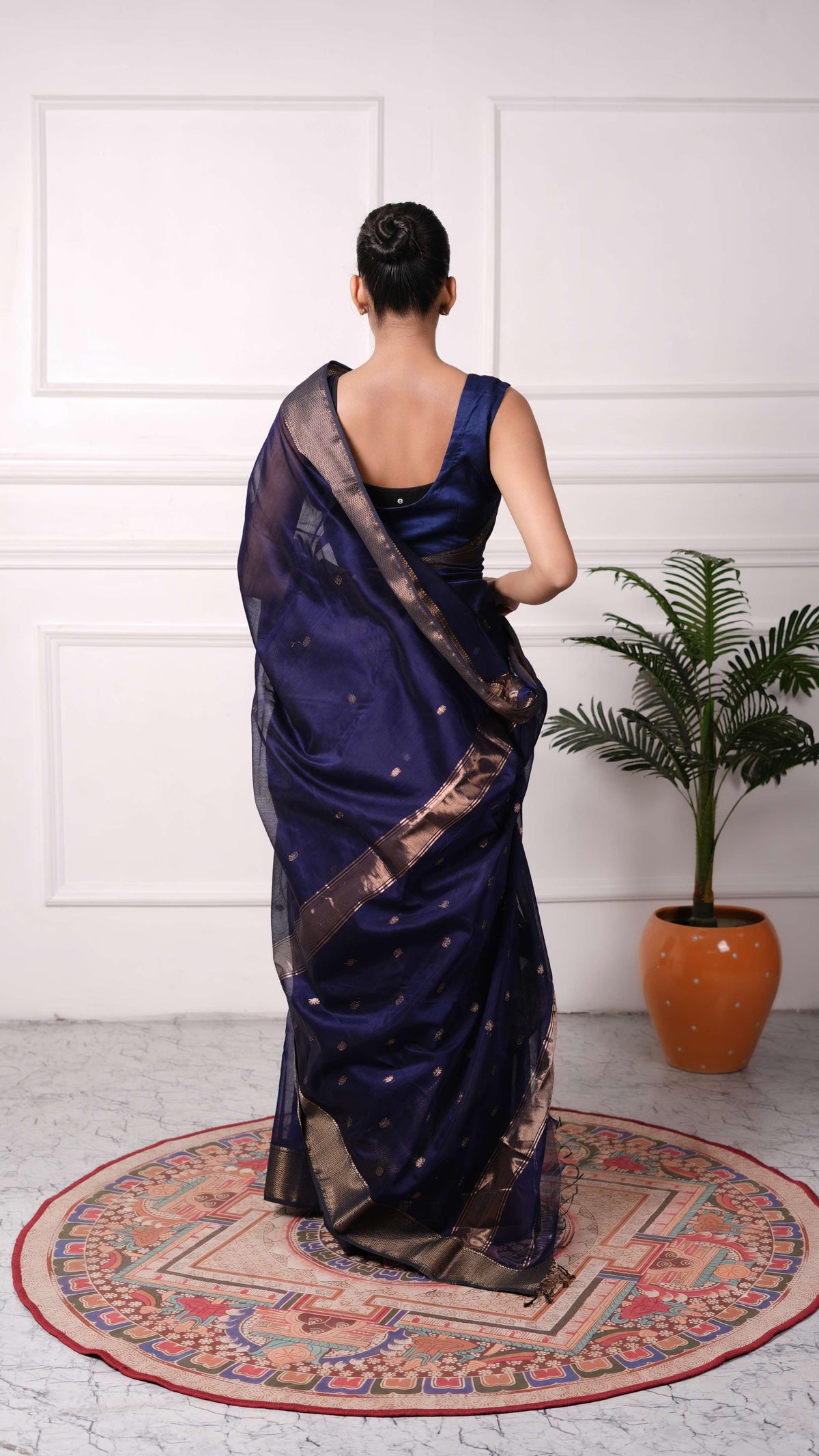 Zig-Zag border Saree with small flower booti, cotton/silk, color-Dark blue