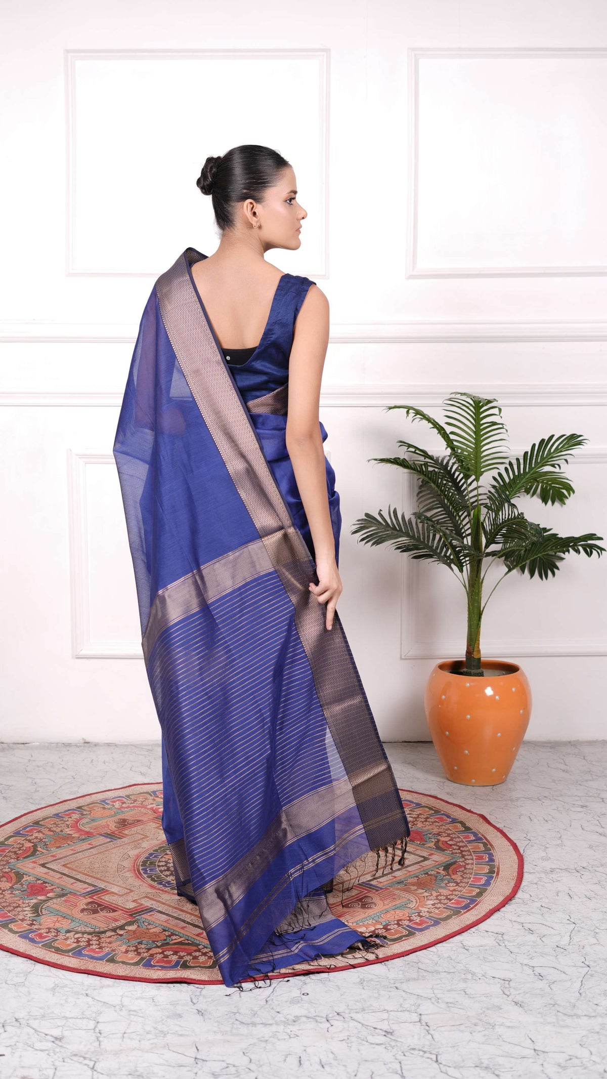 Resham wide zig-zag border saree, cotton silk, color-Dark blue