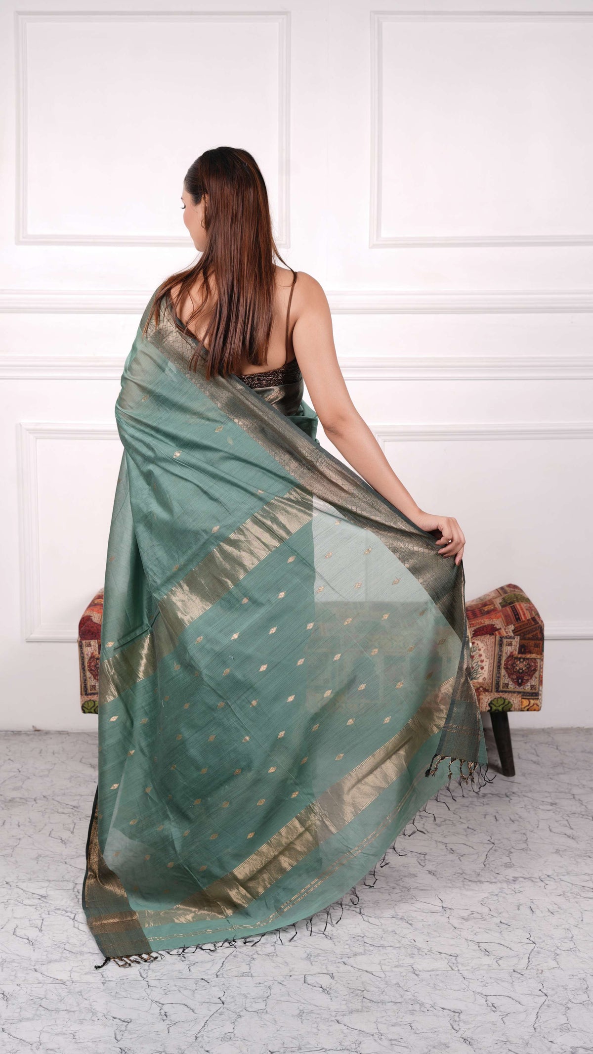 Maheshwar Saree with diamond border & booti, cotton silk, color-Pista green