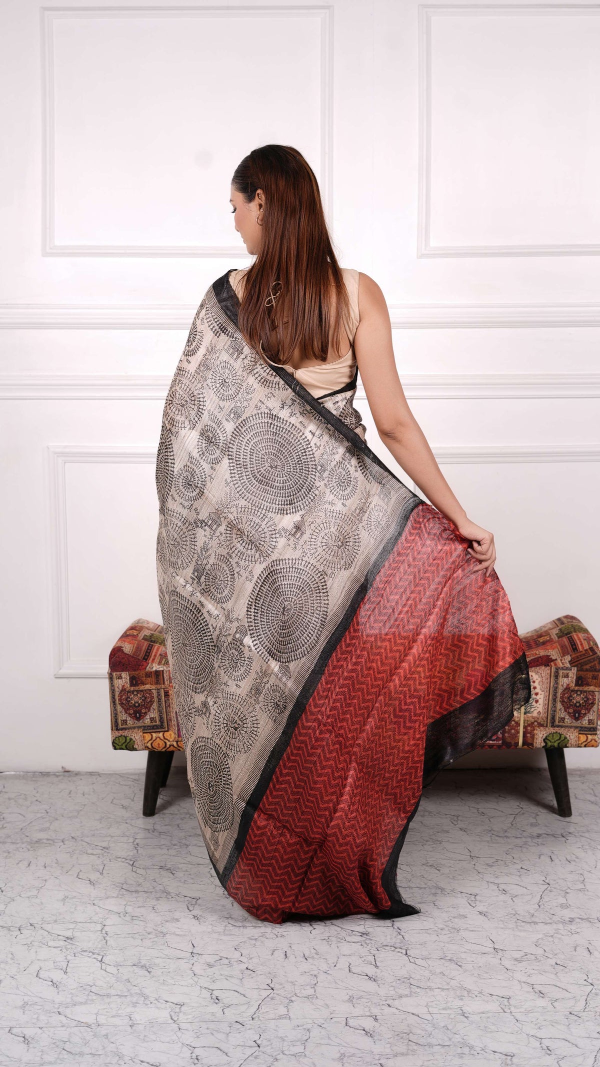Black with Beige color, 100% pure Tussar Silk, Worli Print Saree