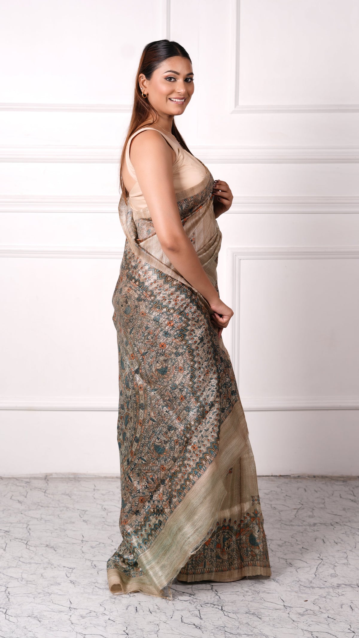 Beige with Teal color, 100% pure Tussar Silk, Madhubani Print Saree
