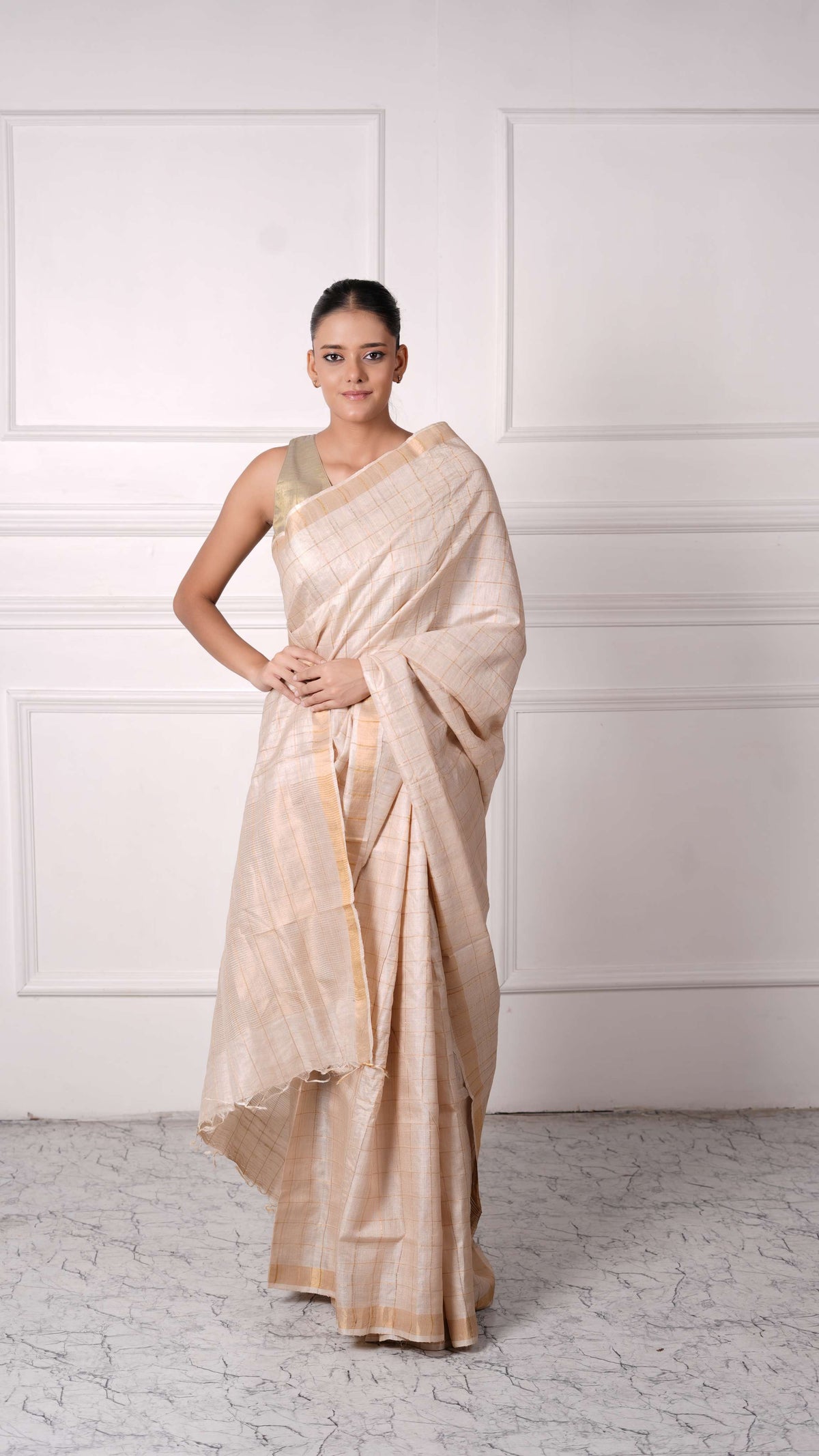 Golden color check pattern saree, Tussar Silk