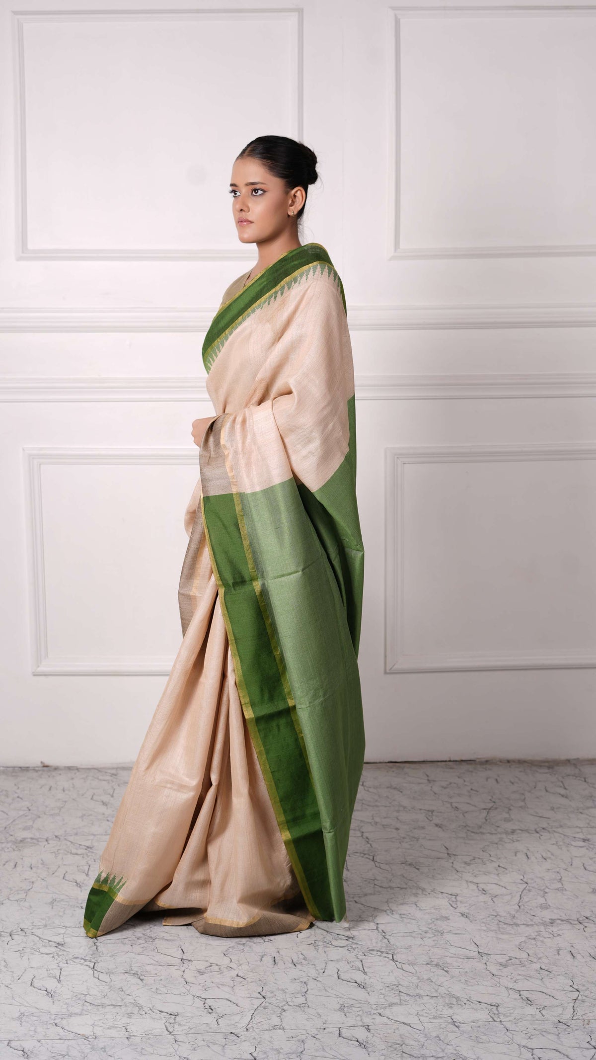 Golden color with Green aanchal, temple pattern saree, Tussar Silk