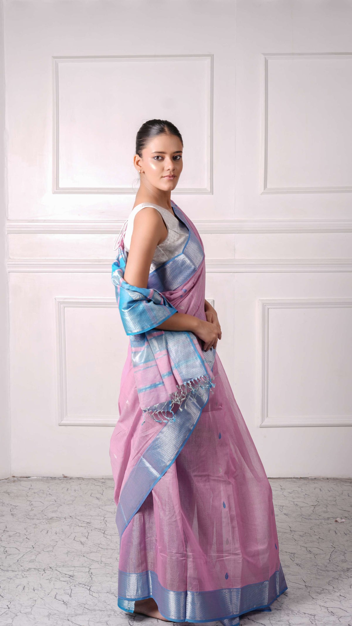 Tissue Saree with silver zari border, cotton silk, candy color-Pink