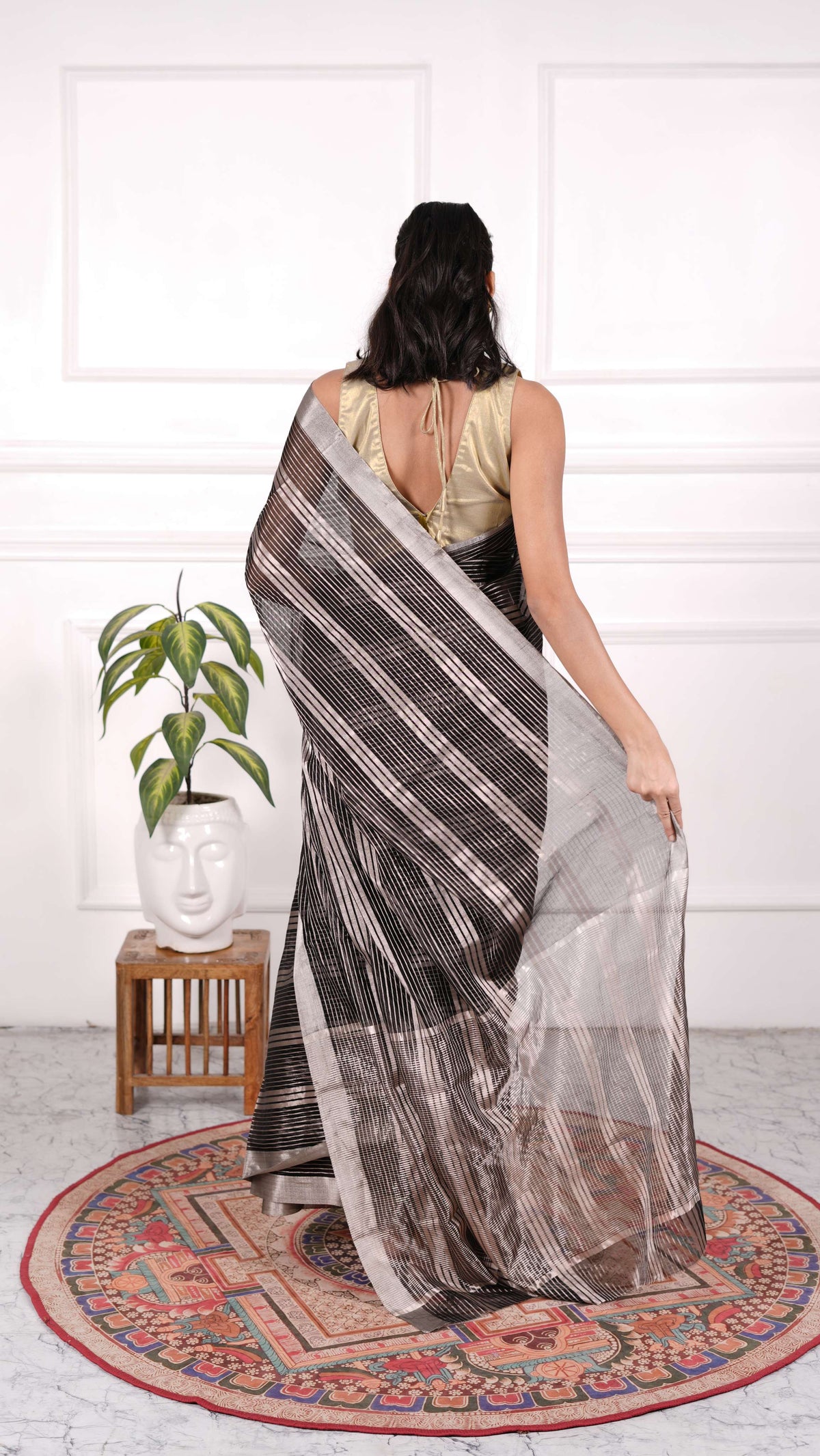 Black and silver zari stripes saree, Organza silk
