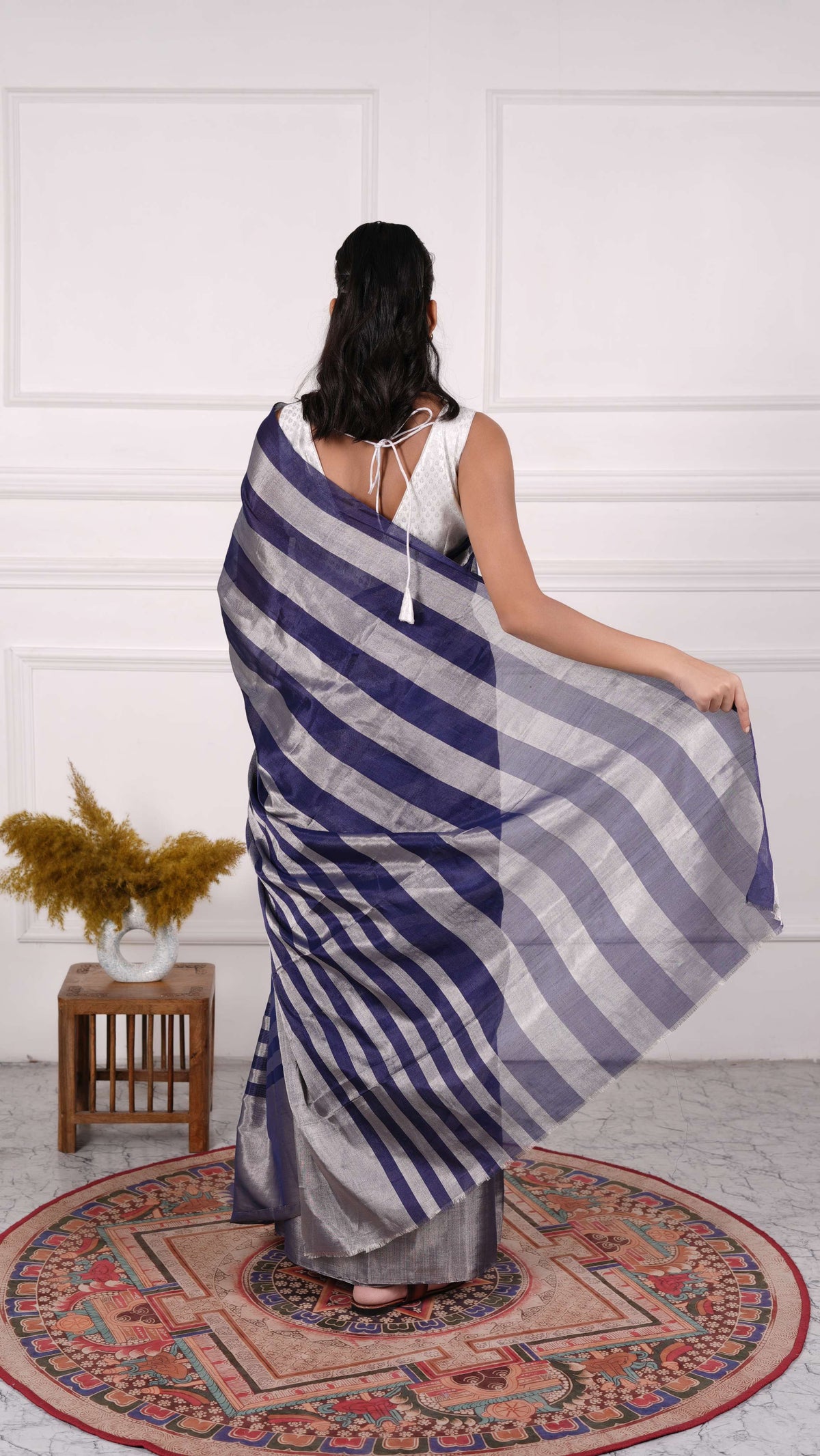 Blue and silver zari stripes saree, Cotton/Silk
