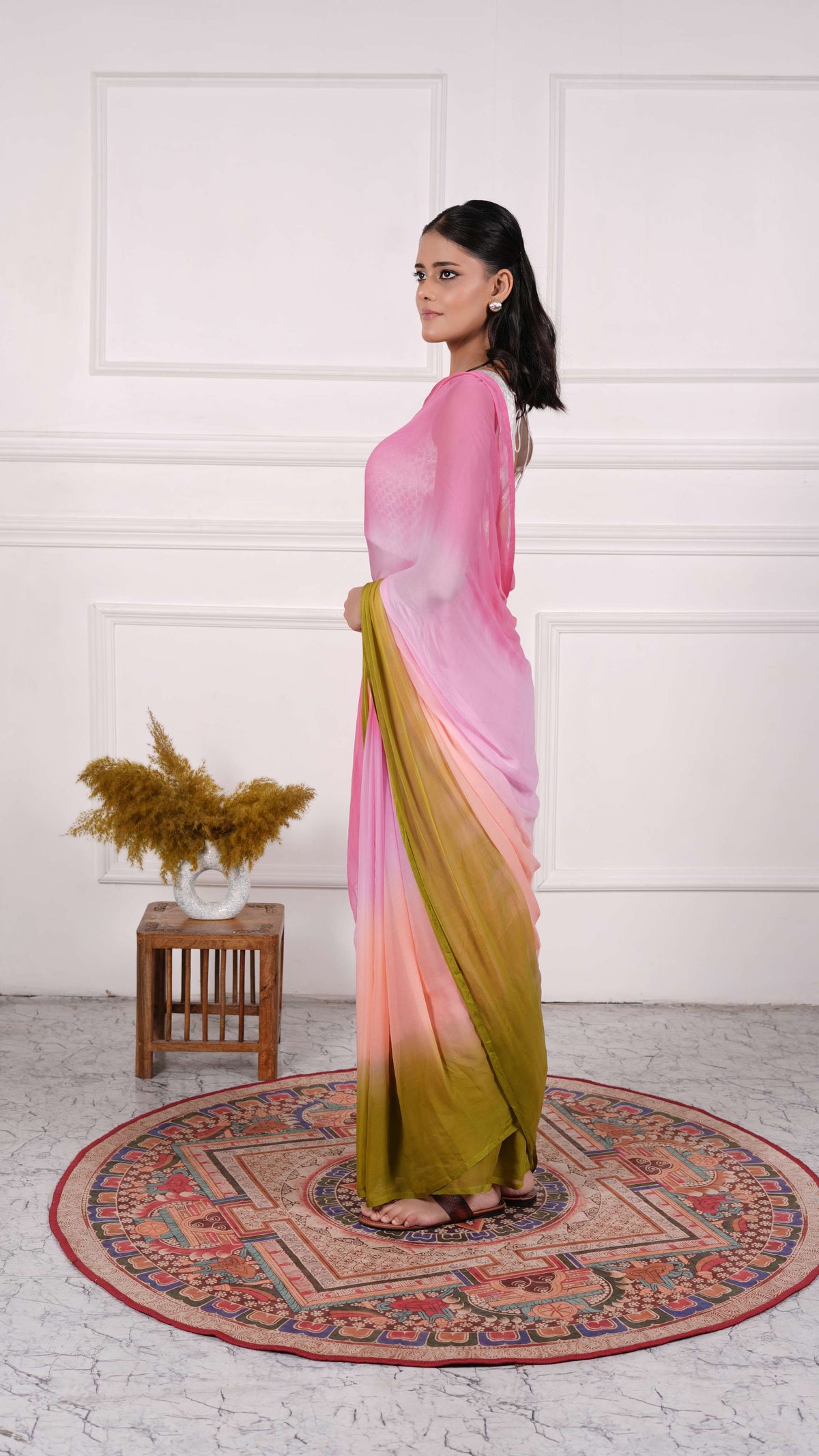 Pure Chiffon Saree, Viscose Chiffon, Color-Peach w/Pink, Ombre Dyeing