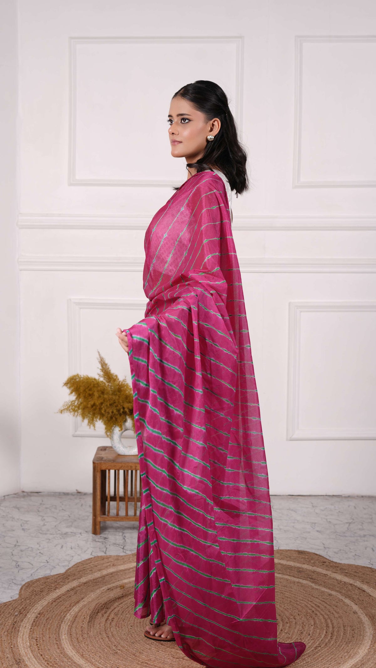 Pure Chiffon Lehariya Saree, Viscose Chiffon, Color-Magenta w/Green