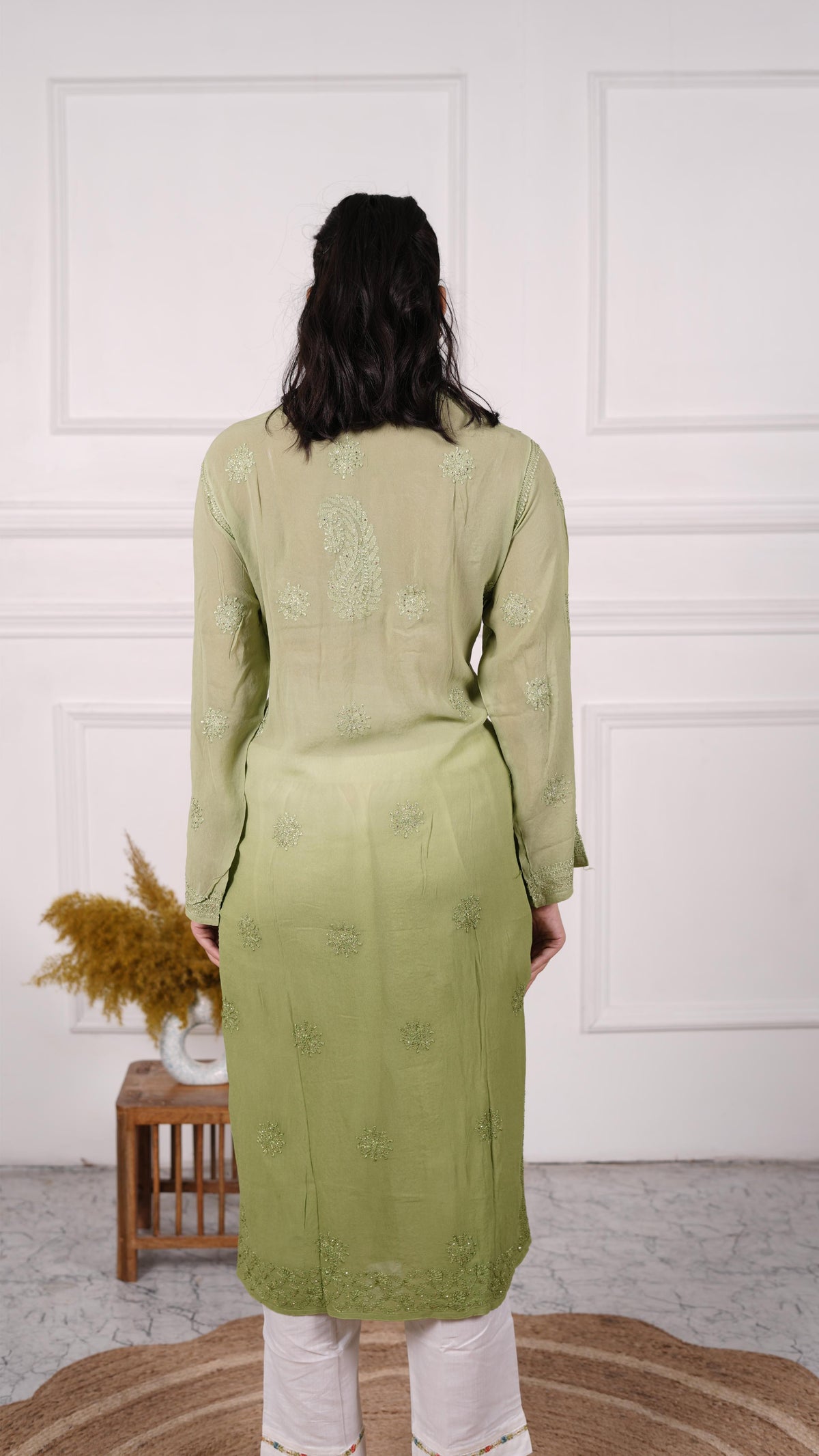 Chikankari stitched kurti, Georgette, Color-Moss Green