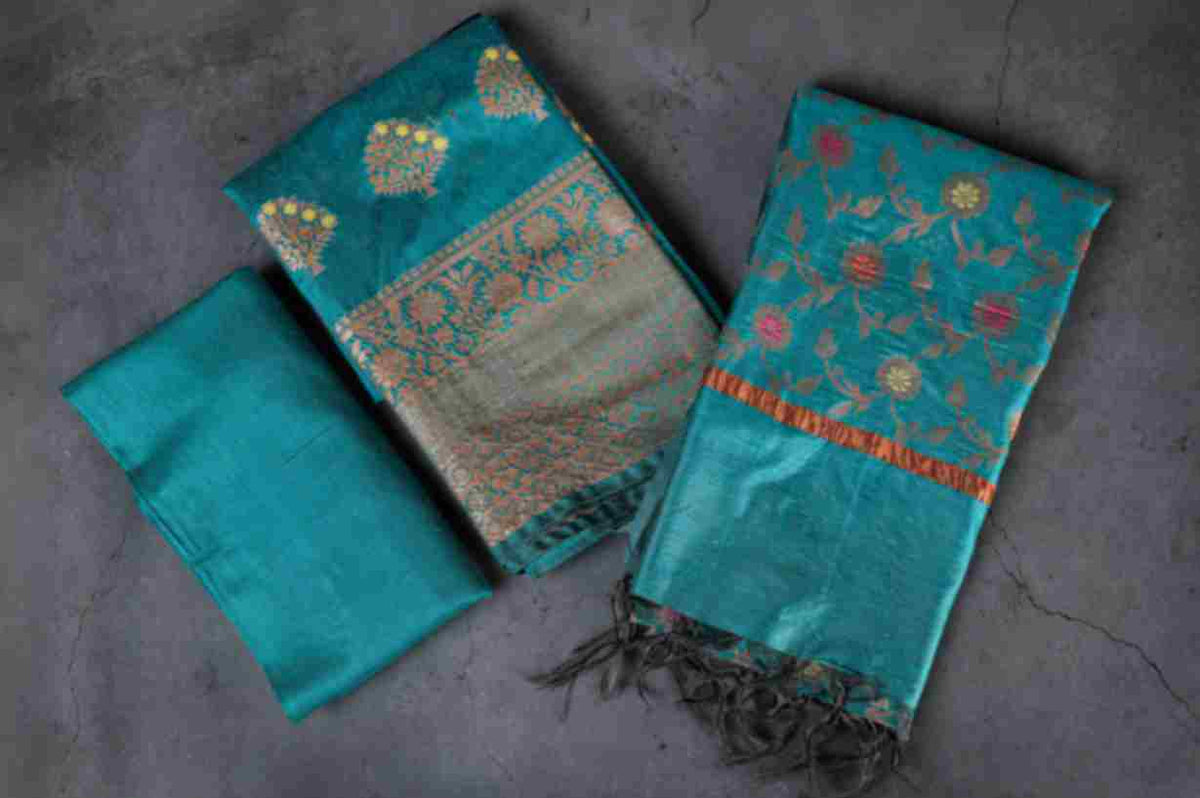Banaras Brocade Dress Material, Rayon, Color-Teal w/Copper Zari