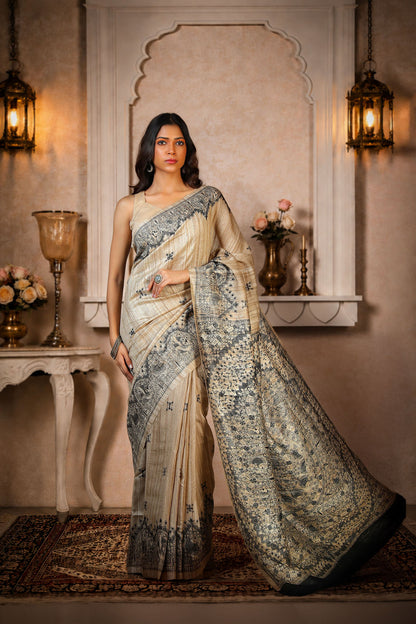 Black with Beige color, 100% pure Tussar Silk, Madhubani Print Saree