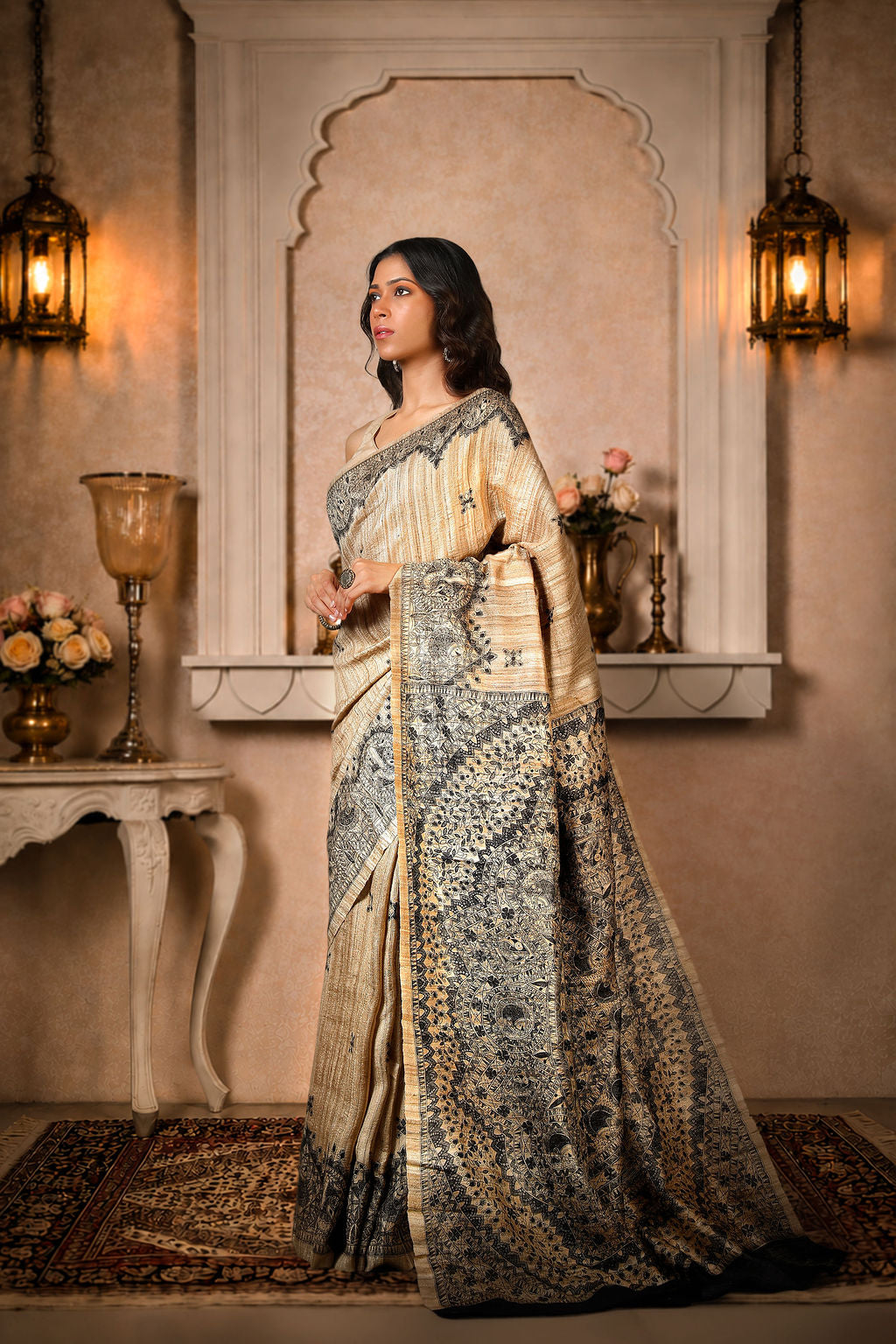 Black with Beige color, 100% pure Tussar Silk, Madhubani Print Saree
