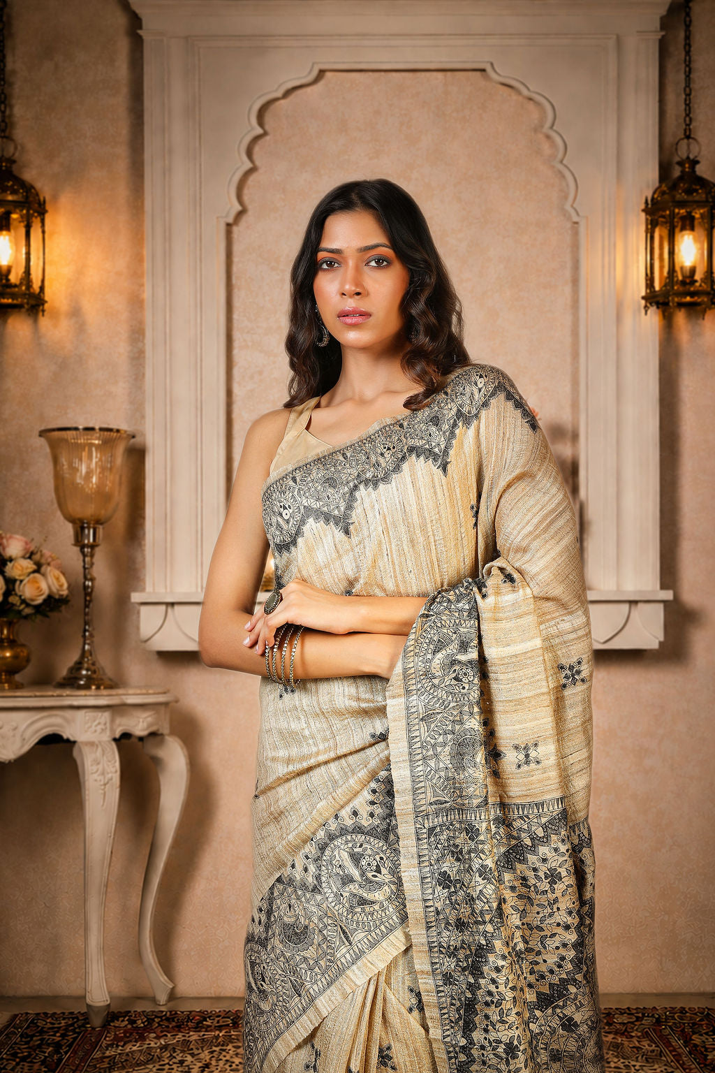 Black with Beige color, 100% pure Tussar Silk, Madhubani Print Saree