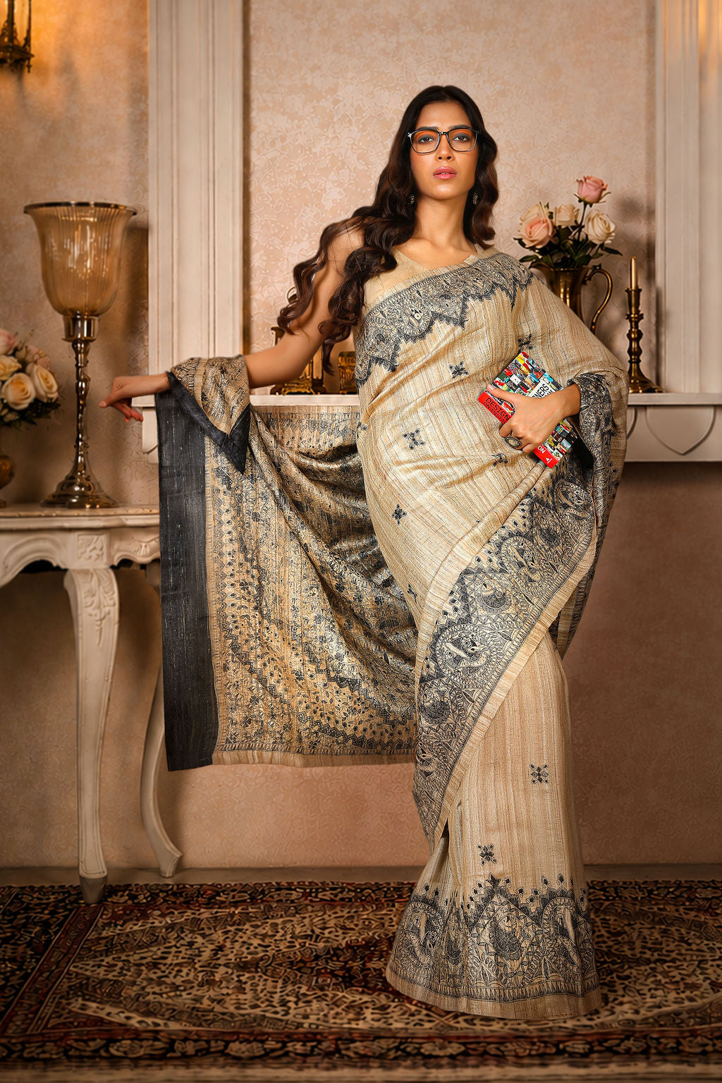 Black with Beige color, 100% pure Tussar Silk, Madhubani Print Saree