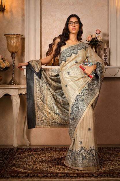 Black with Beige color, 100% pure Tussar Silk, Madhubani Print Saree
