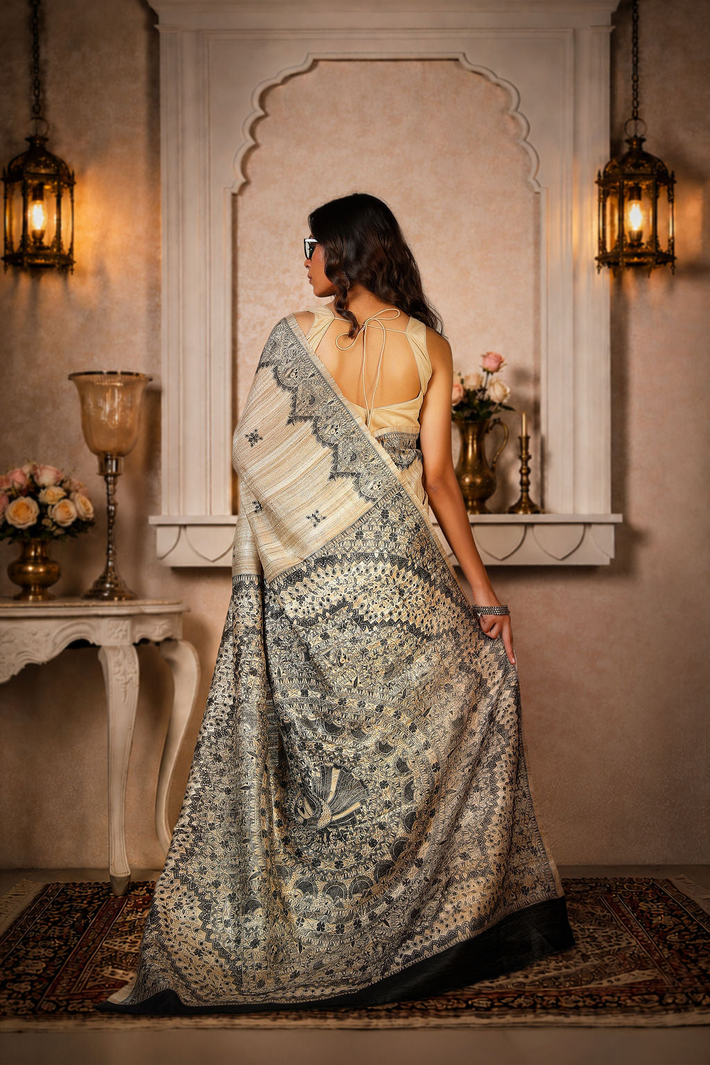 Black with Beige color, 100% pure Tussar Silk, Madhubani Print Saree
