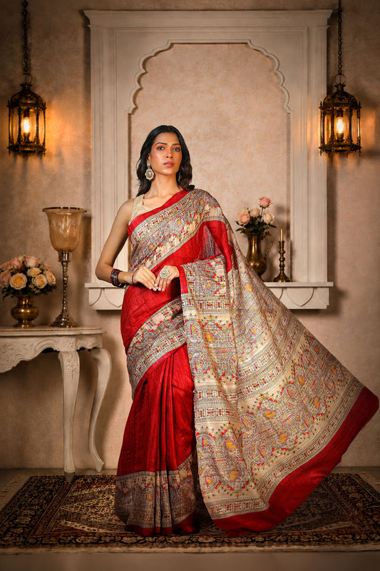 Red with Beige color, 100% pure Tussar Silk, Madhubani Print Saree