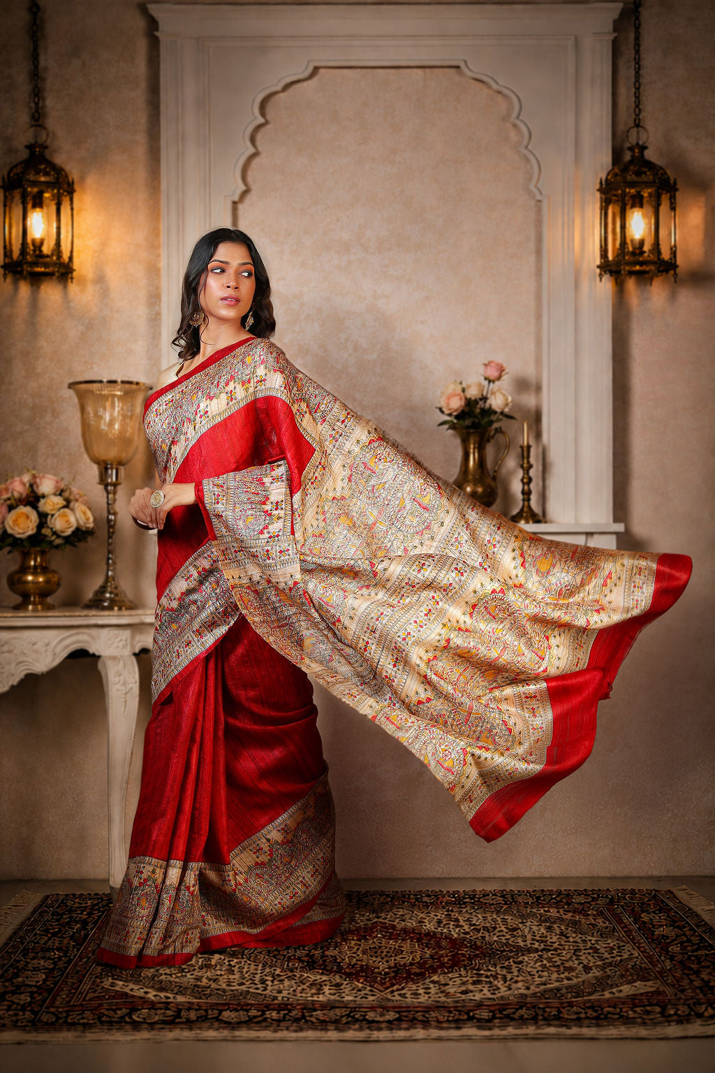 Red with Beige color, 100% pure Tussar Silk, Madhubani Print Saree