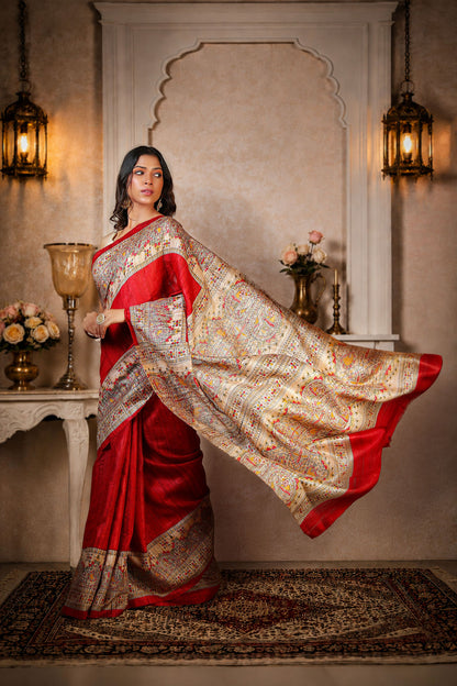 Red with Beige color, 100% pure Tussar Silk, Madhubani Print Saree