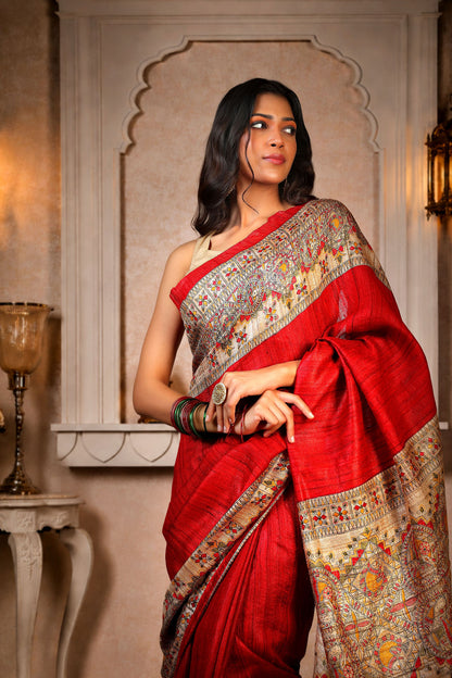 Red with Beige color, 100% pure Tussar Silk, Madhubani Print Saree