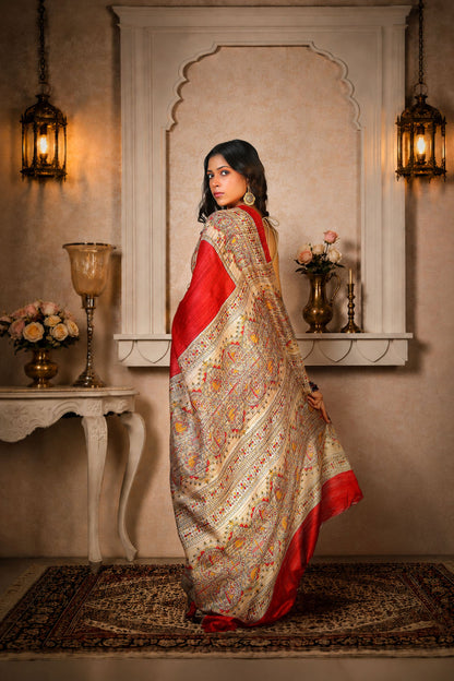 Red with Beige color, 100% pure Tussar Silk, Madhubani Print Saree