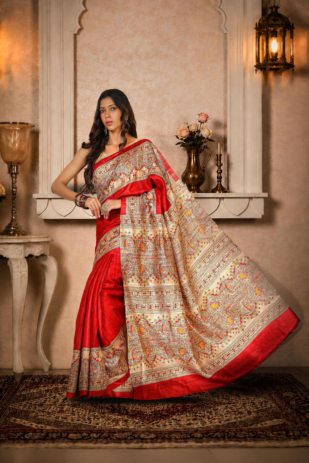 Red with Beige color, 100% pure Tussar Silk, Madhubani Print Saree