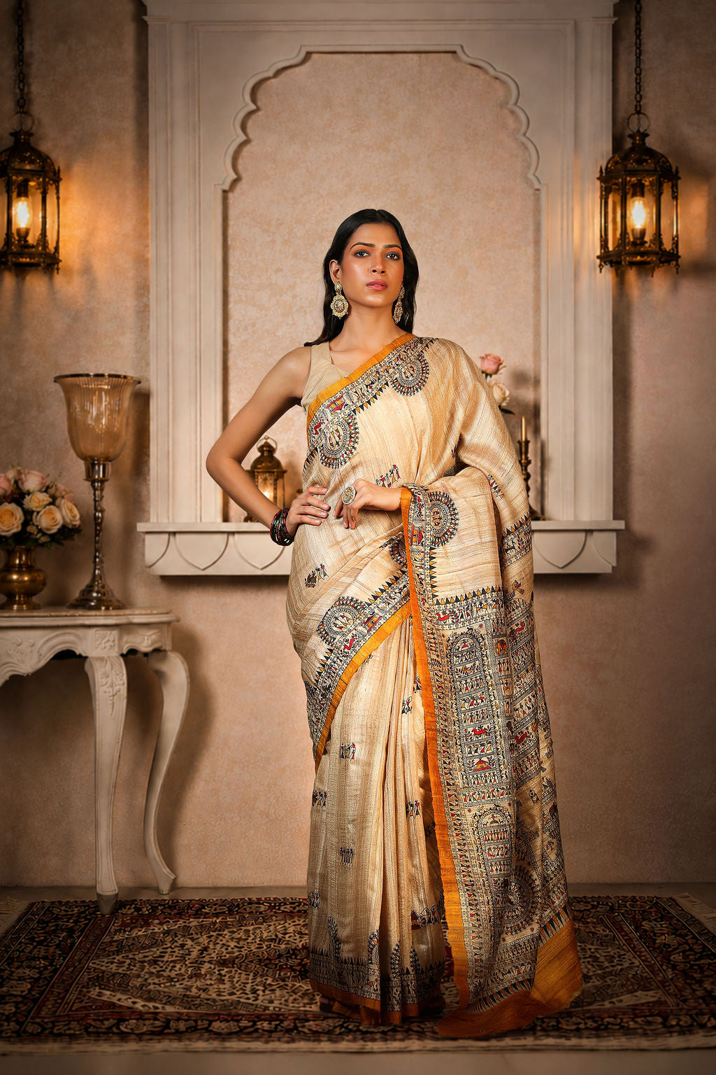 Beige with Mustard Yellow color, 100% pure Tussar Silk, Worli Print Saree