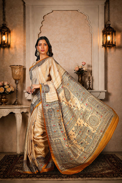 Beige with Mustard Yellow color, 100% pure Tussar Silk, Worli Print Saree