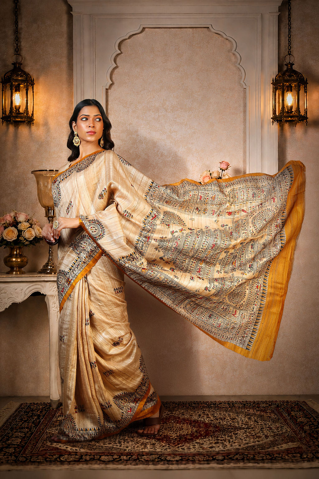 Beige with Mustard Yellow color, 100% pure Tussar Silk, Worli Print Saree