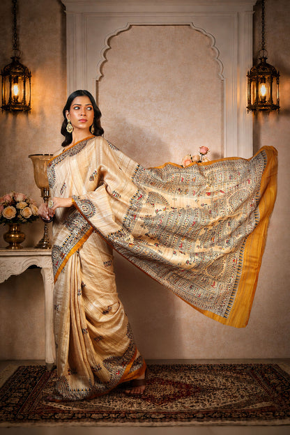Beige with Mustard Yellow color, 100% pure Tussar Silk, Worli Print Saree