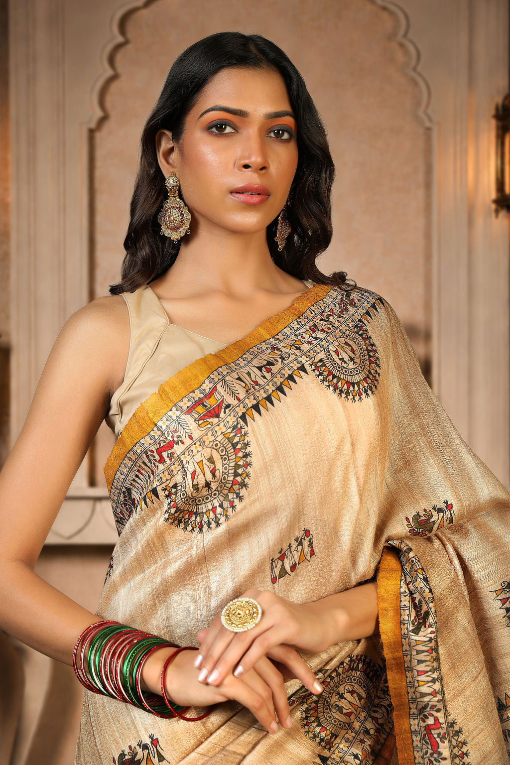Beige with Mustard Yellow color, 100% pure Tussar Silk, Worli Print Saree