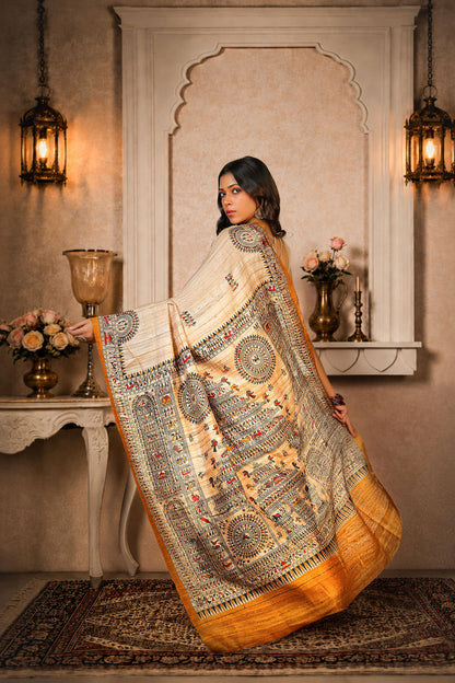 Beige with Mustard Yellow color, 100% pure Tussar Silk, Worli Print Saree