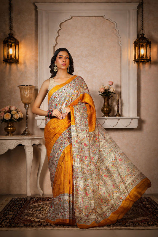 Mustard Yellow color, 100% pure Tussar Silk, Madhubani Print Saree