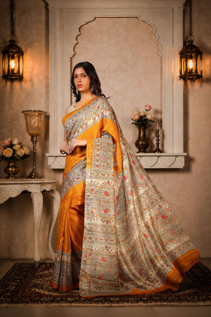 Mustard Yellow color, 100% pure Tussar Silk, Madhubani Print Saree