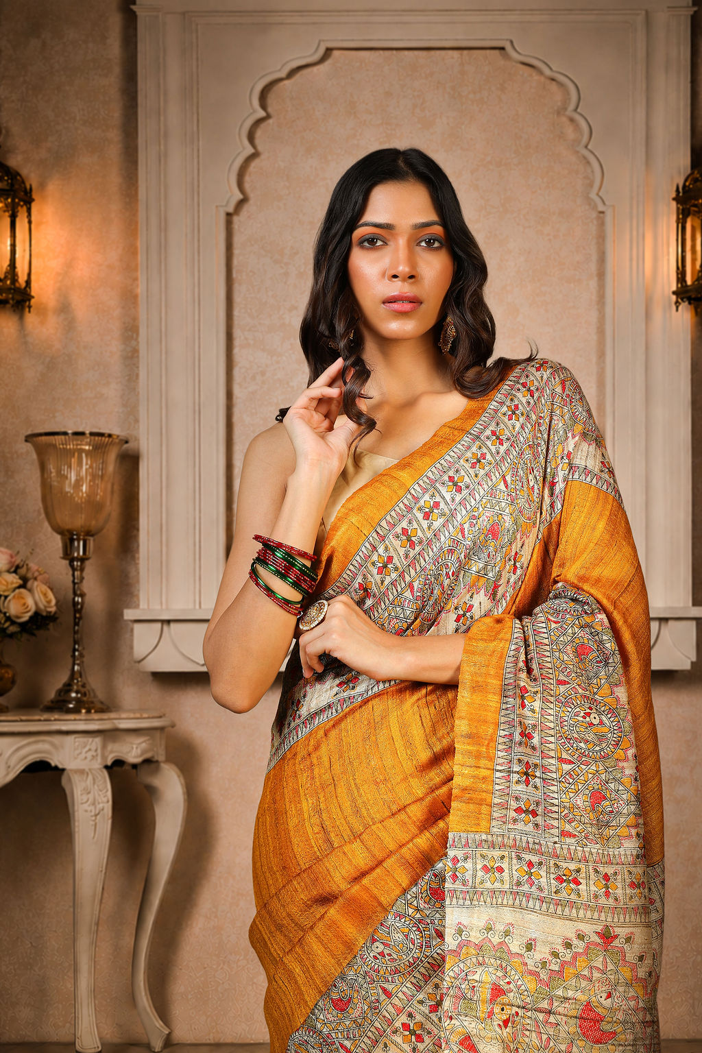Mustard Yellow color, 100% pure Tussar Silk, Madhubani Print Saree
